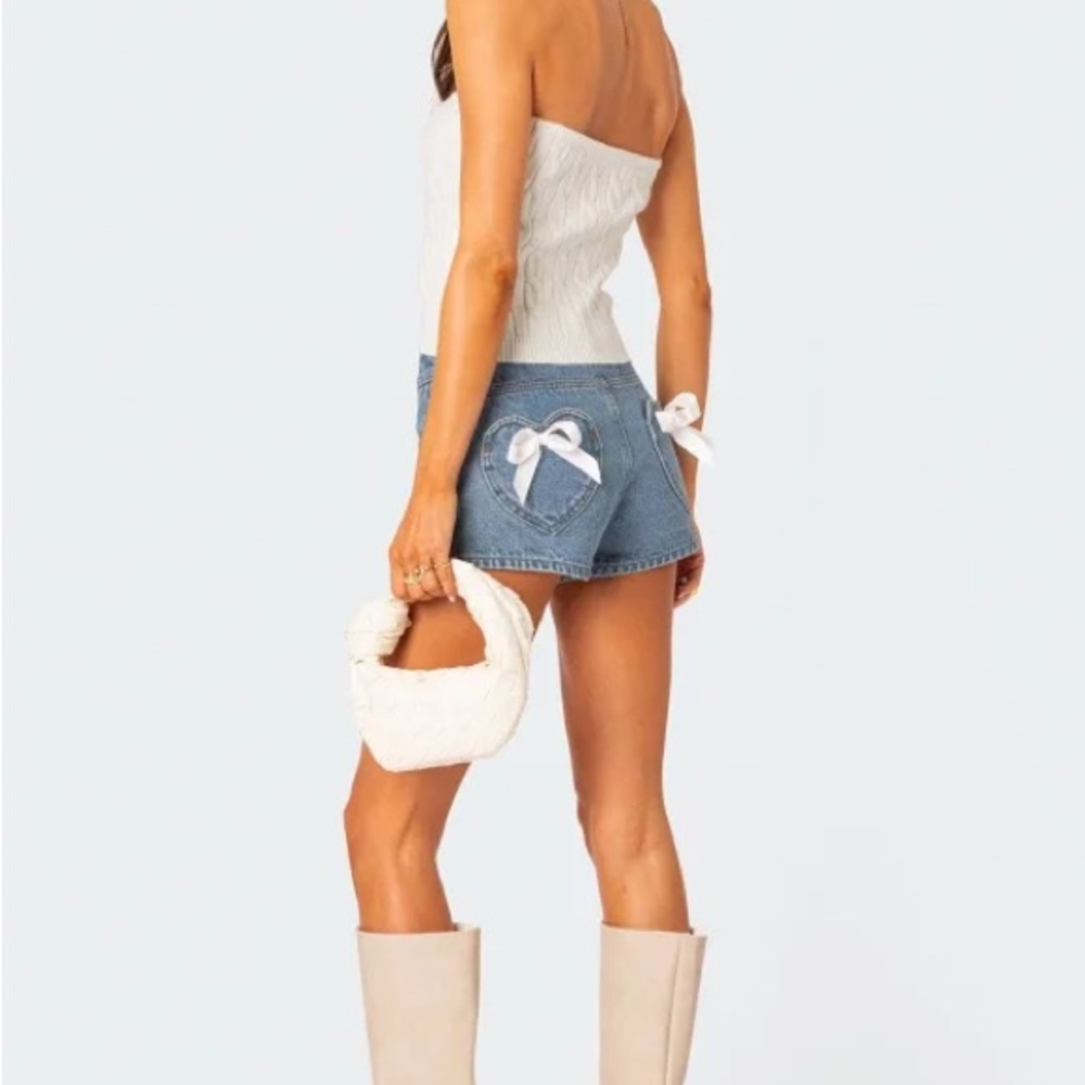Denim Blue Women's Shorts with Bow Detail